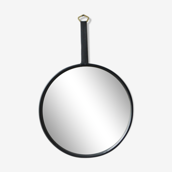 Miroir rond en cuir noir