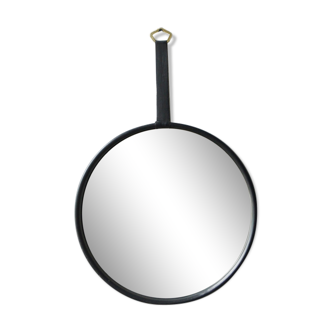 Miroir rond en cuir noir