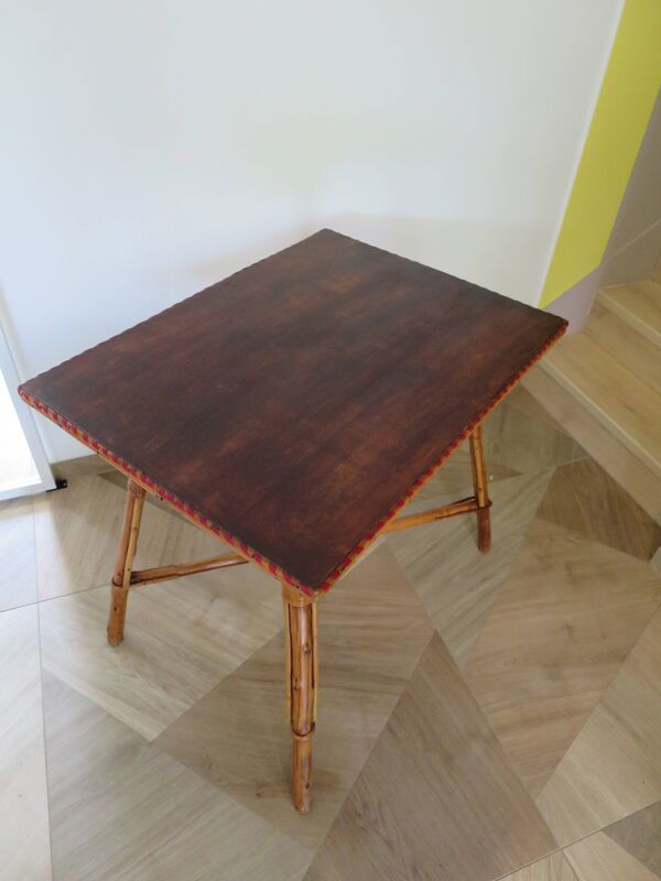 Table de jeu en bois, bambou et rotin, années 60