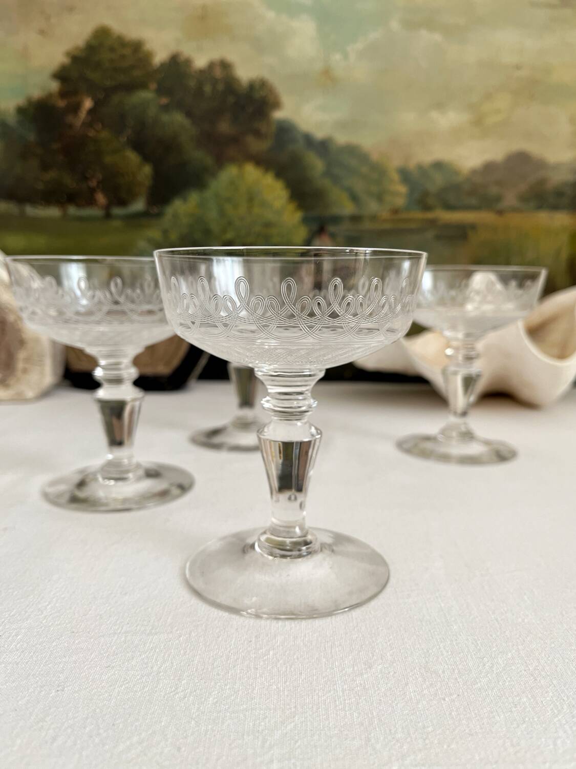 4 antique crystal champagne glasses with interlacing engraving