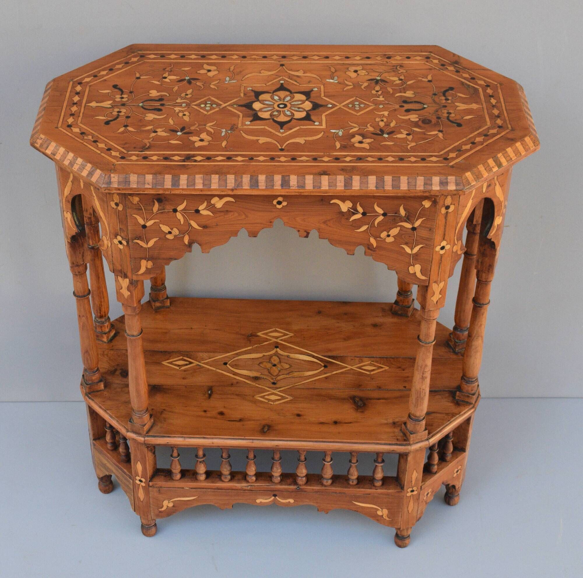 Oriental pedestal table in hexagonal shape made of cedar wood and marquetry