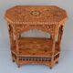 Oriental pedestal table in hexagonal shape made of cedar wood and marquetry
