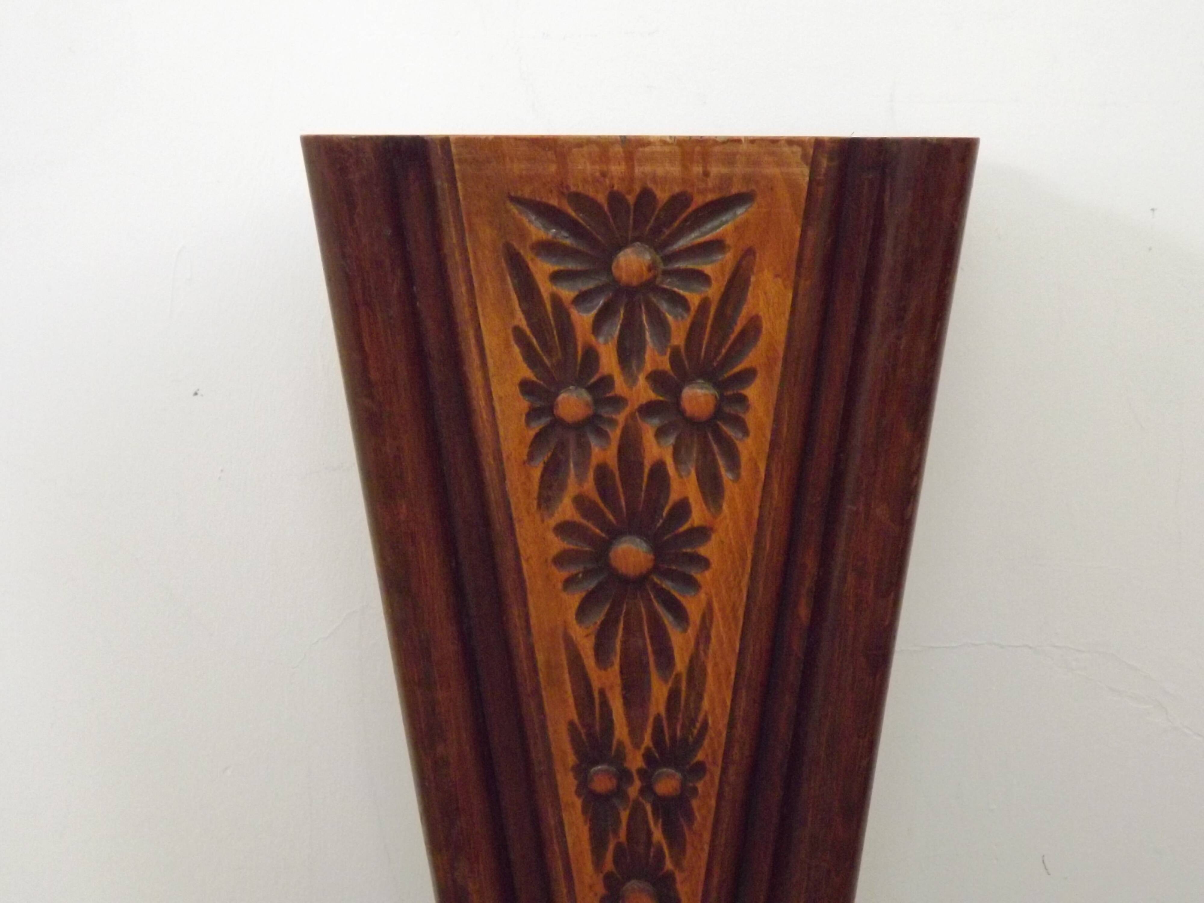 French antique oak tin-lined hand-carved umbrella stand with flower decoration.