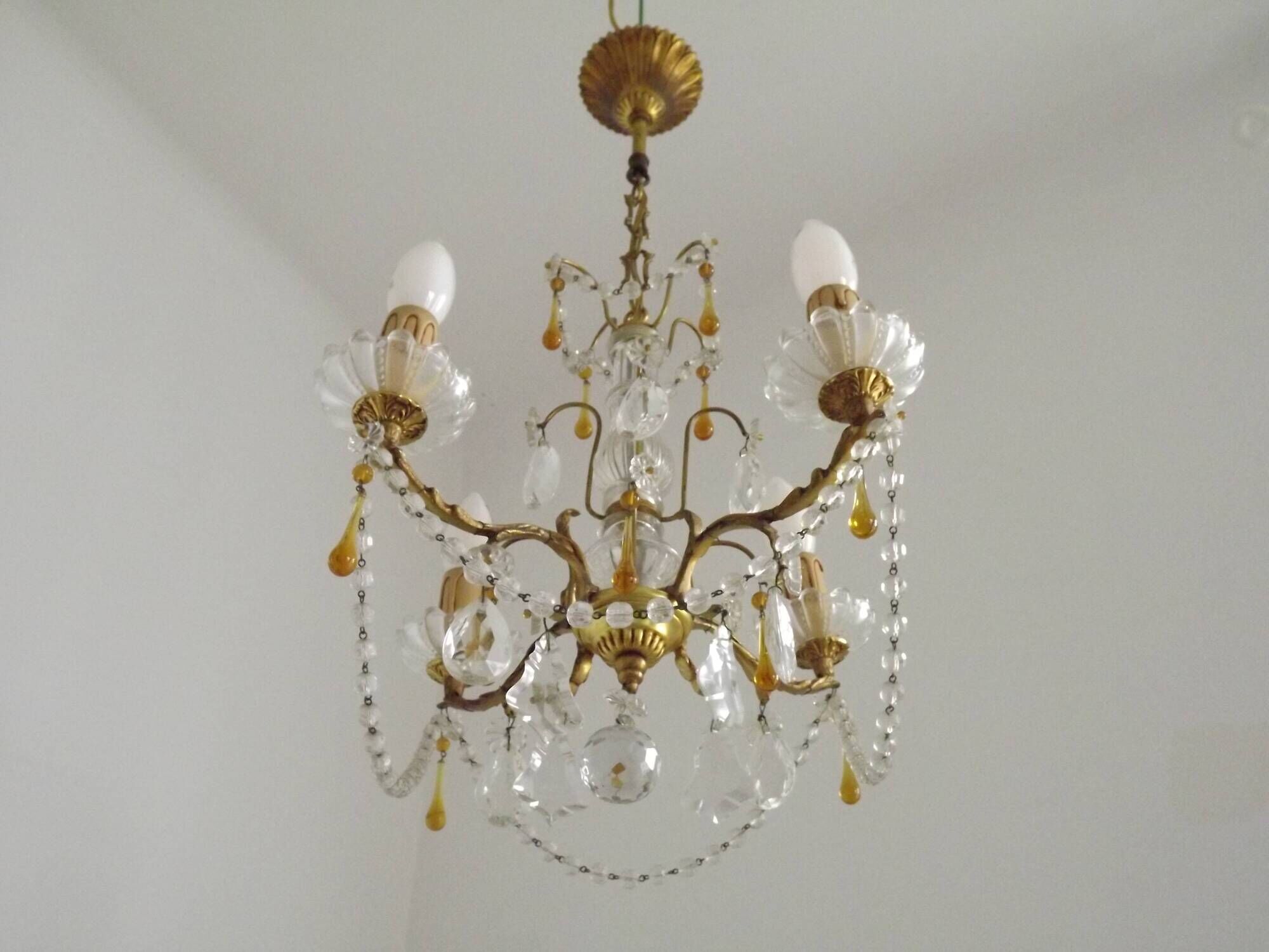 Vintage 4-Light Bronze, Glass & Crystal Chandelier with Amber Glass Drops