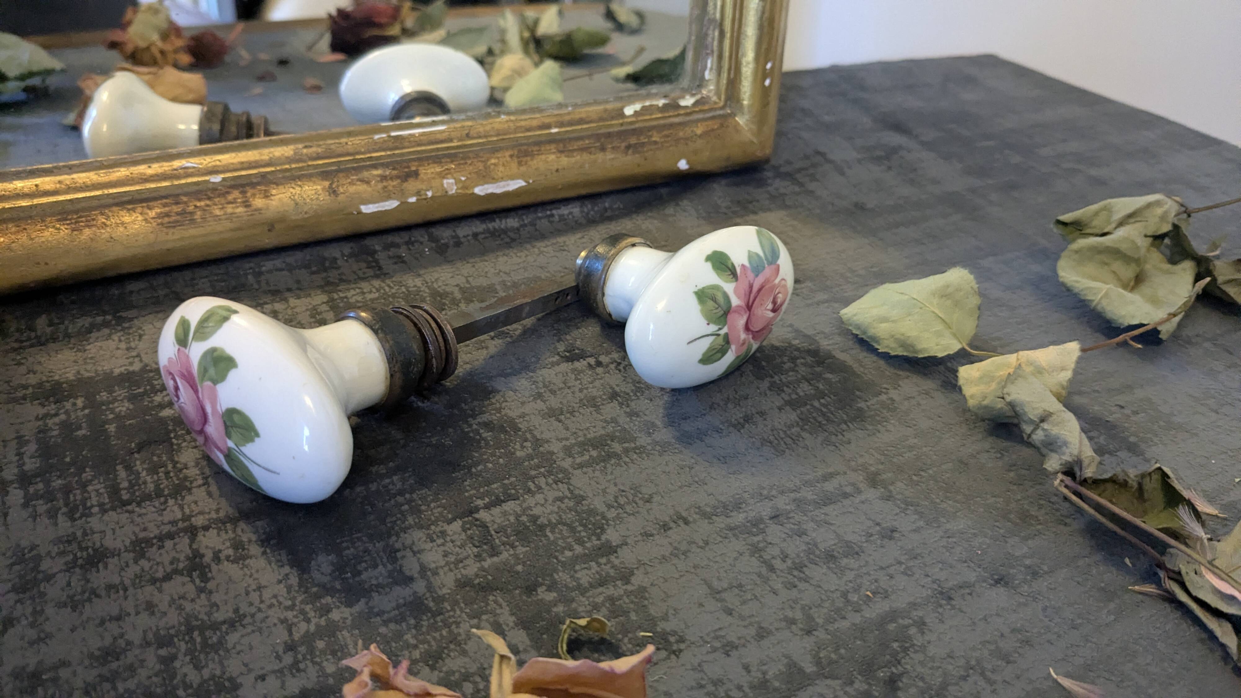 Pair of floral ceramic handles, vintage charm