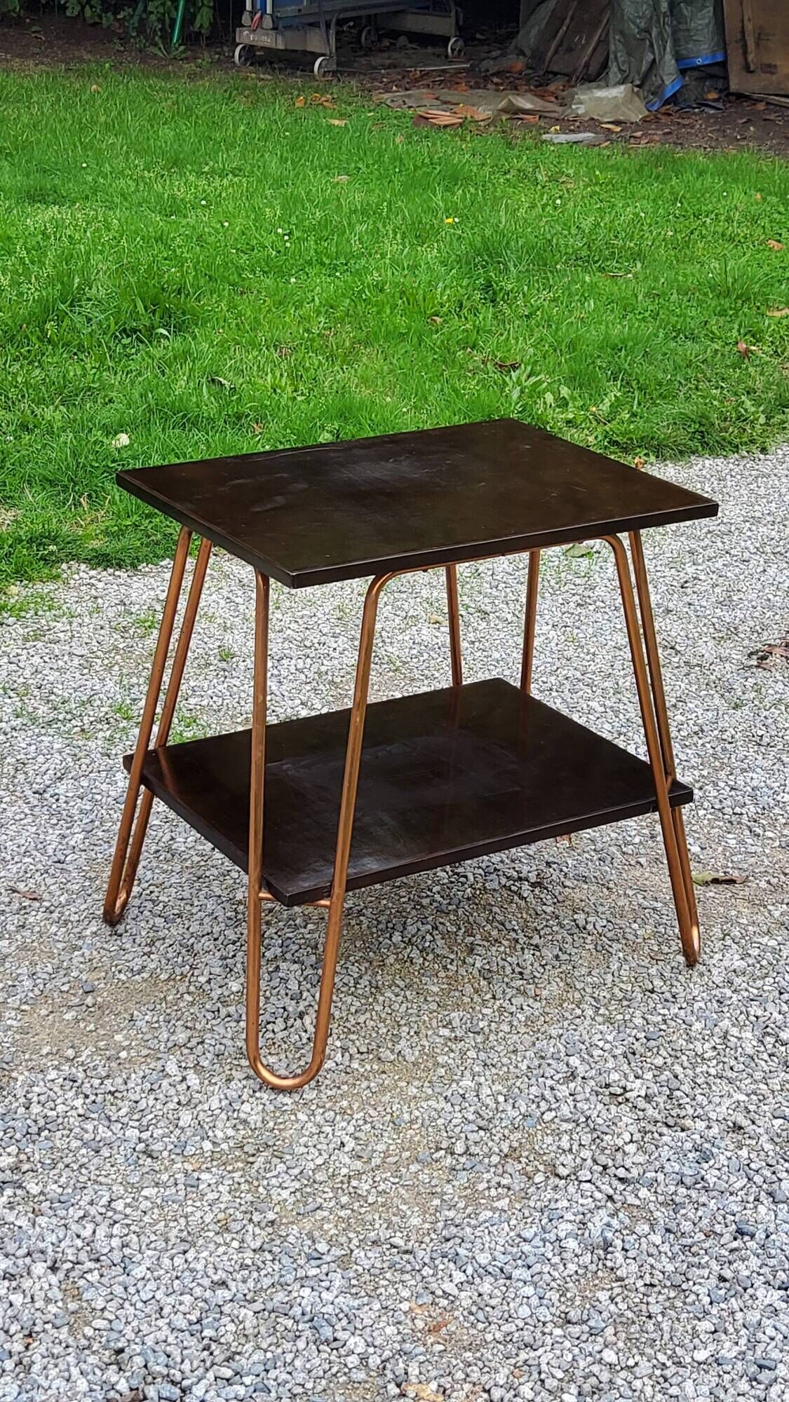 Vintage double wooden side table with copper base from the 50s