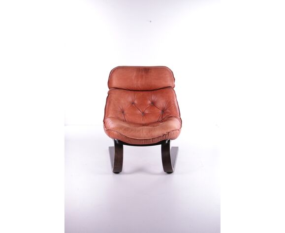 Fauteuil brésilien vintage avec coussin d'assise en cuir de couleur Cognac,  années 70 | Selency