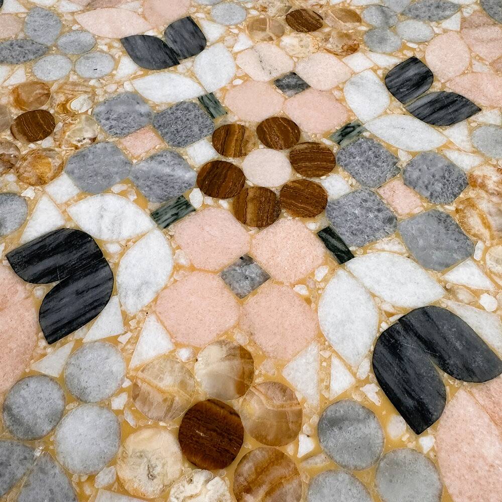 Large Italian pietra dura marble mosaic coffee table, floral inlay, Carrara marble