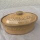 Old terrine in glazed stoneware and floral decoration mustard yellow slip