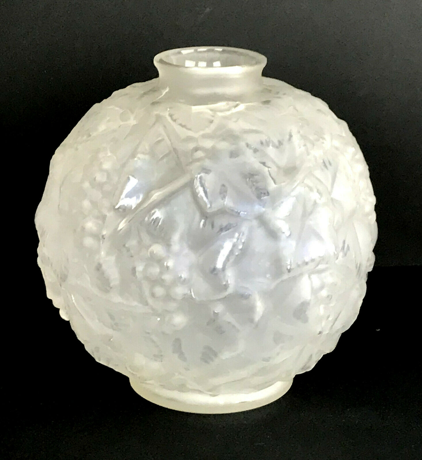 Pressed molded glass ball vase decorated with grape bunches