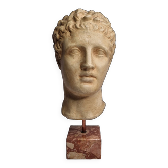 Bust of Hermes in patinated plaster on brown marble base, 34 cm