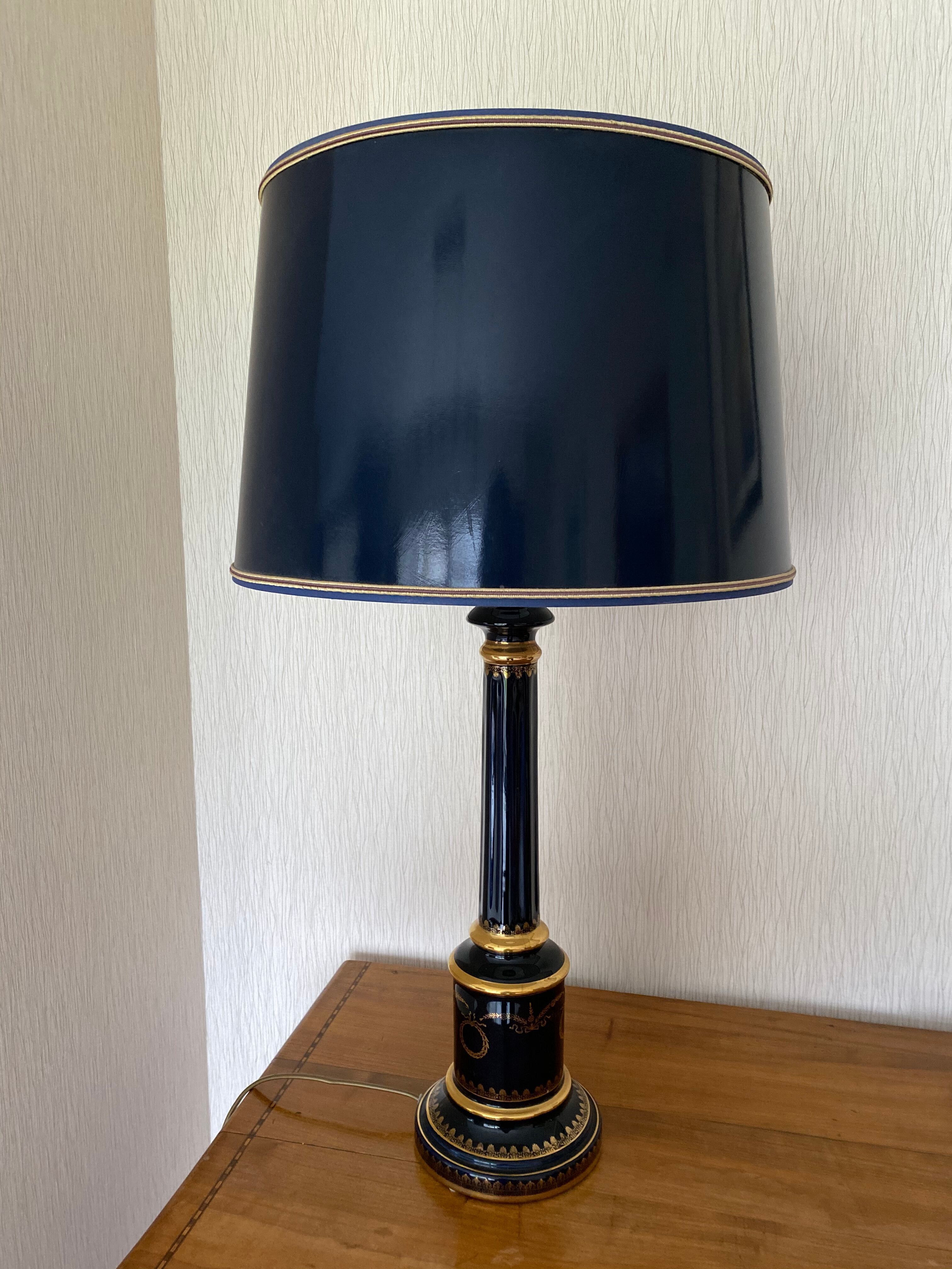 Lampe bleu et or style empire décor main
