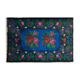 Vintage blue gorgeous rug with floral design authentic Romanian handwoven rug 254x177cm