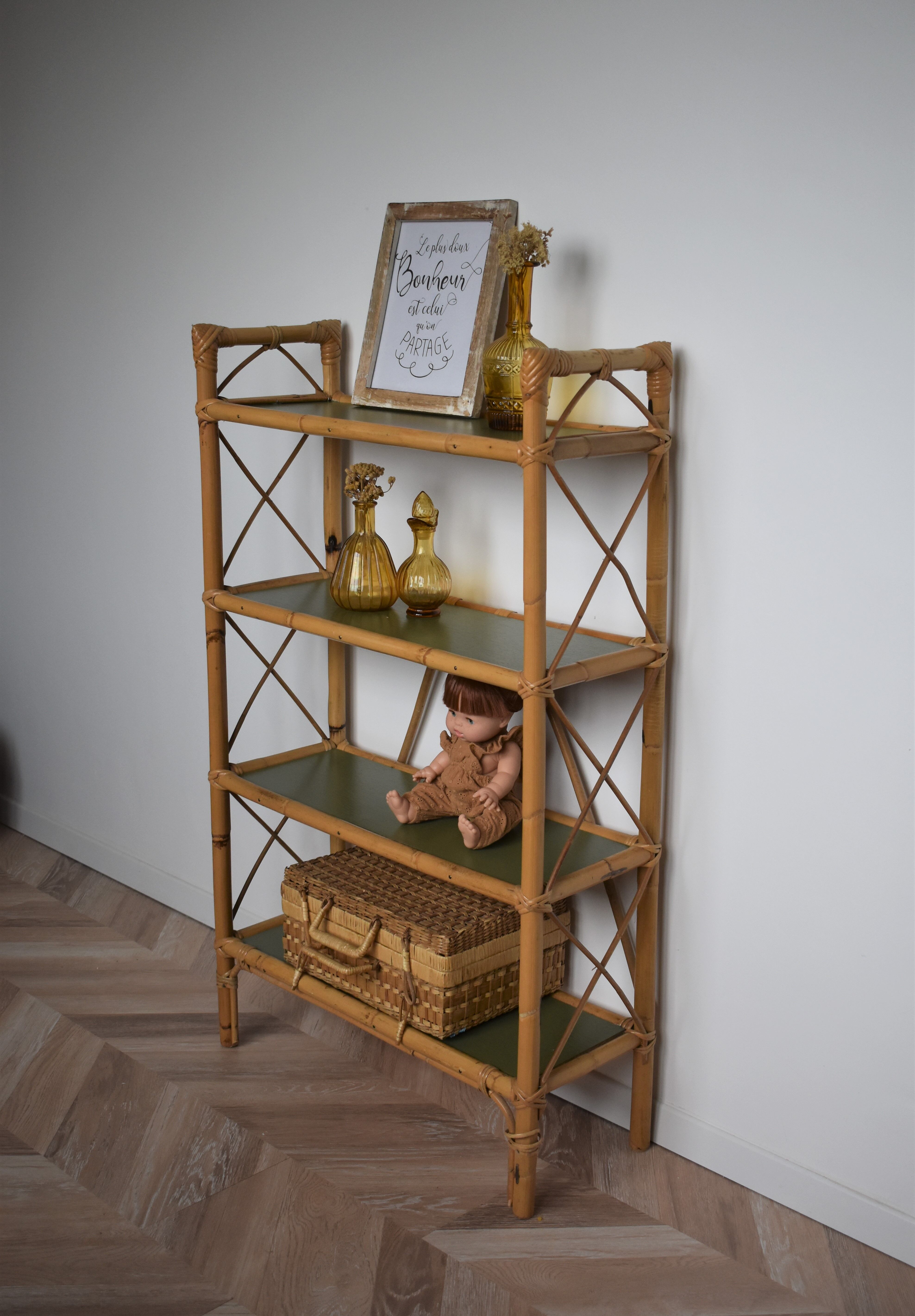 Khaki and rattan shelves