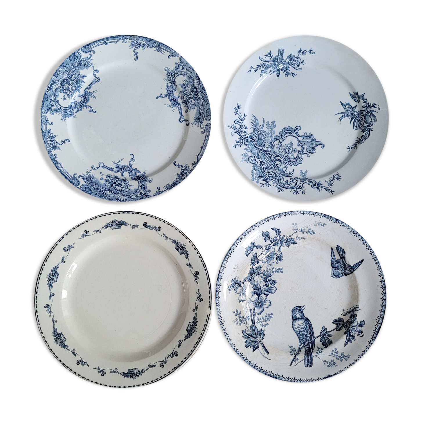 Set 4 blue mismatched plates