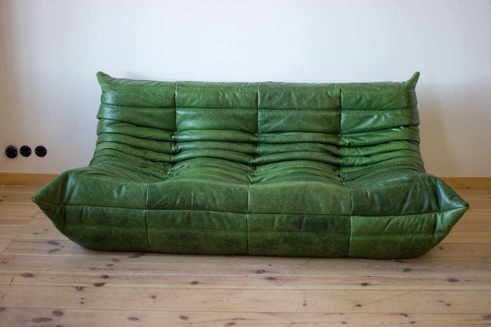Ensemble de salon Togo en cuir vert, signé Michel Ducaroy pour Ligne Roset, 1979, ensemble de 5 pièces