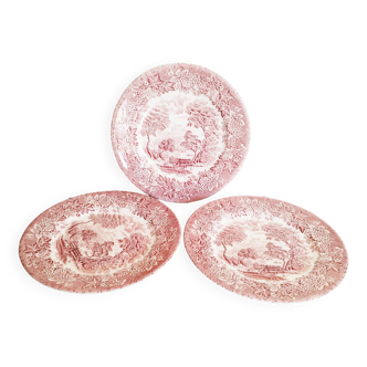3 Red English porcelain dinner plates, England