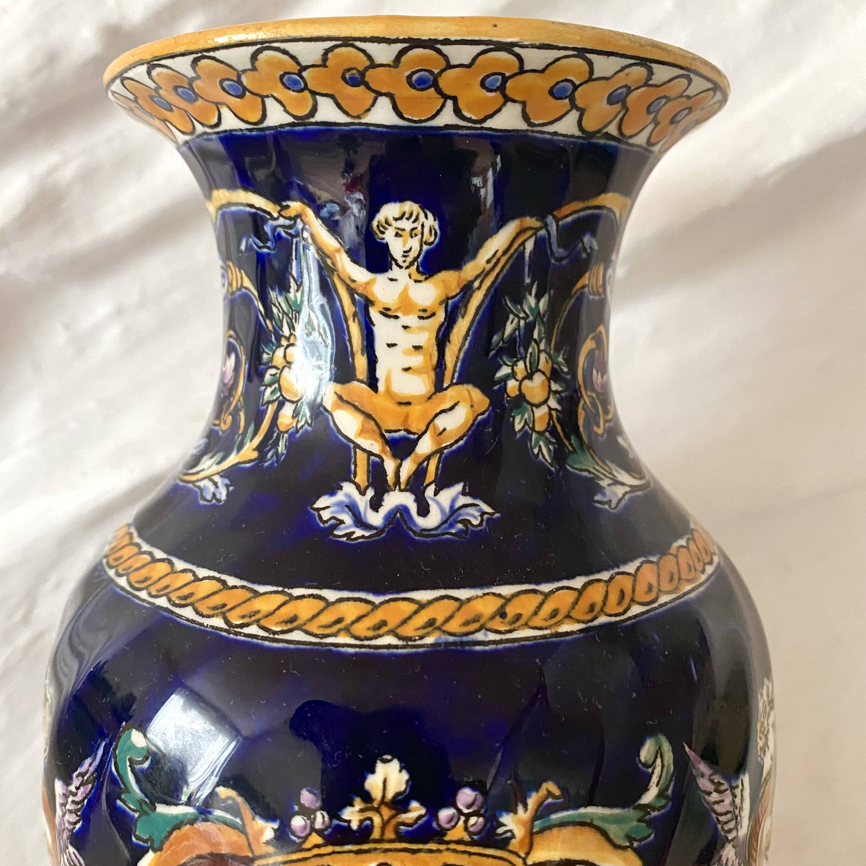 Earthenware vase from Gien with Renaissance decoration.