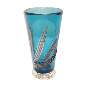 Vase en cristal bleu et argent. France années 1950.