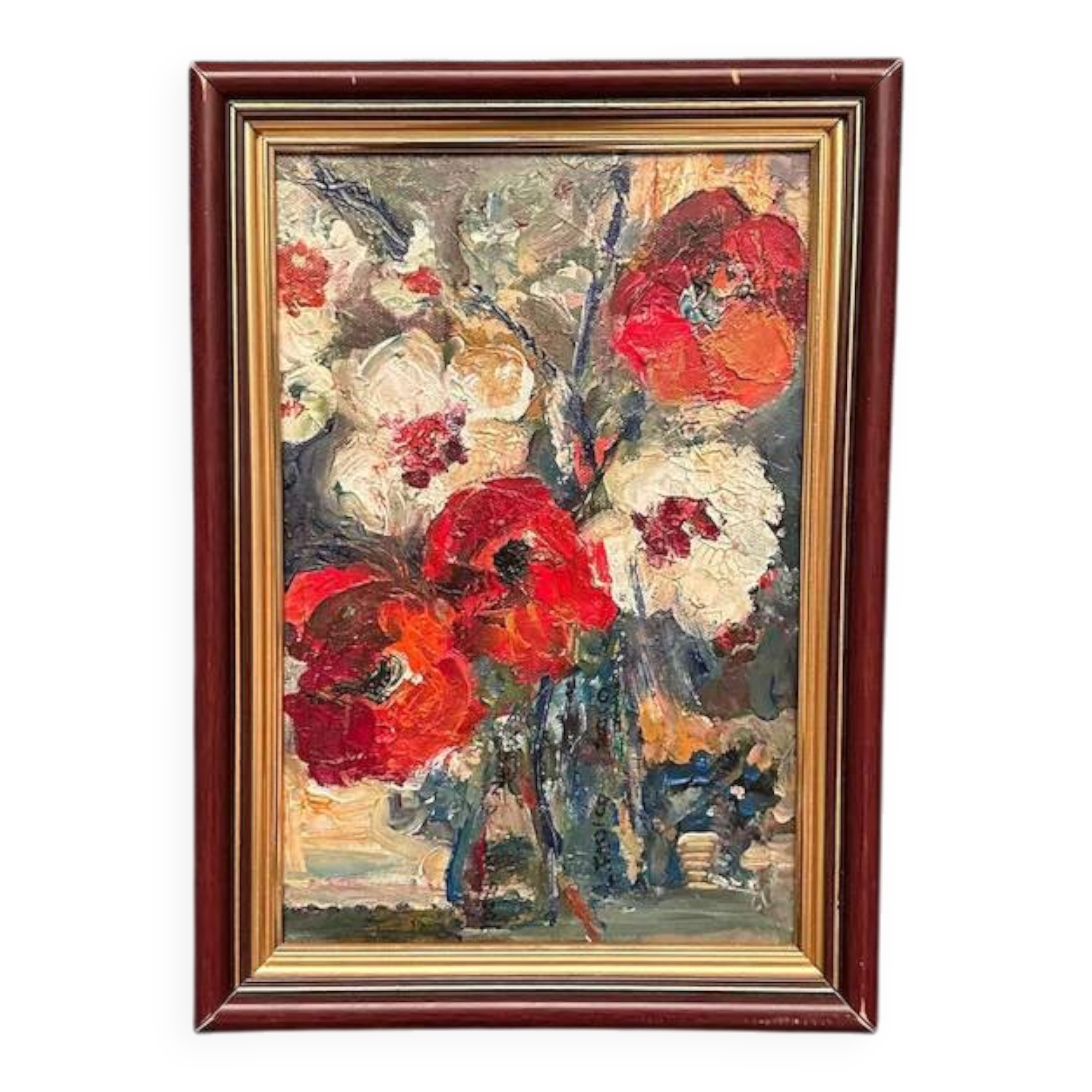 Swedish Oil on Canvas“Red Poppies and White Blossoms” by L. Stokes, Vintage