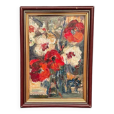 Swedish Oil on Canvas“Red Poppies and White Blossoms” by L. Stokes, Vintage