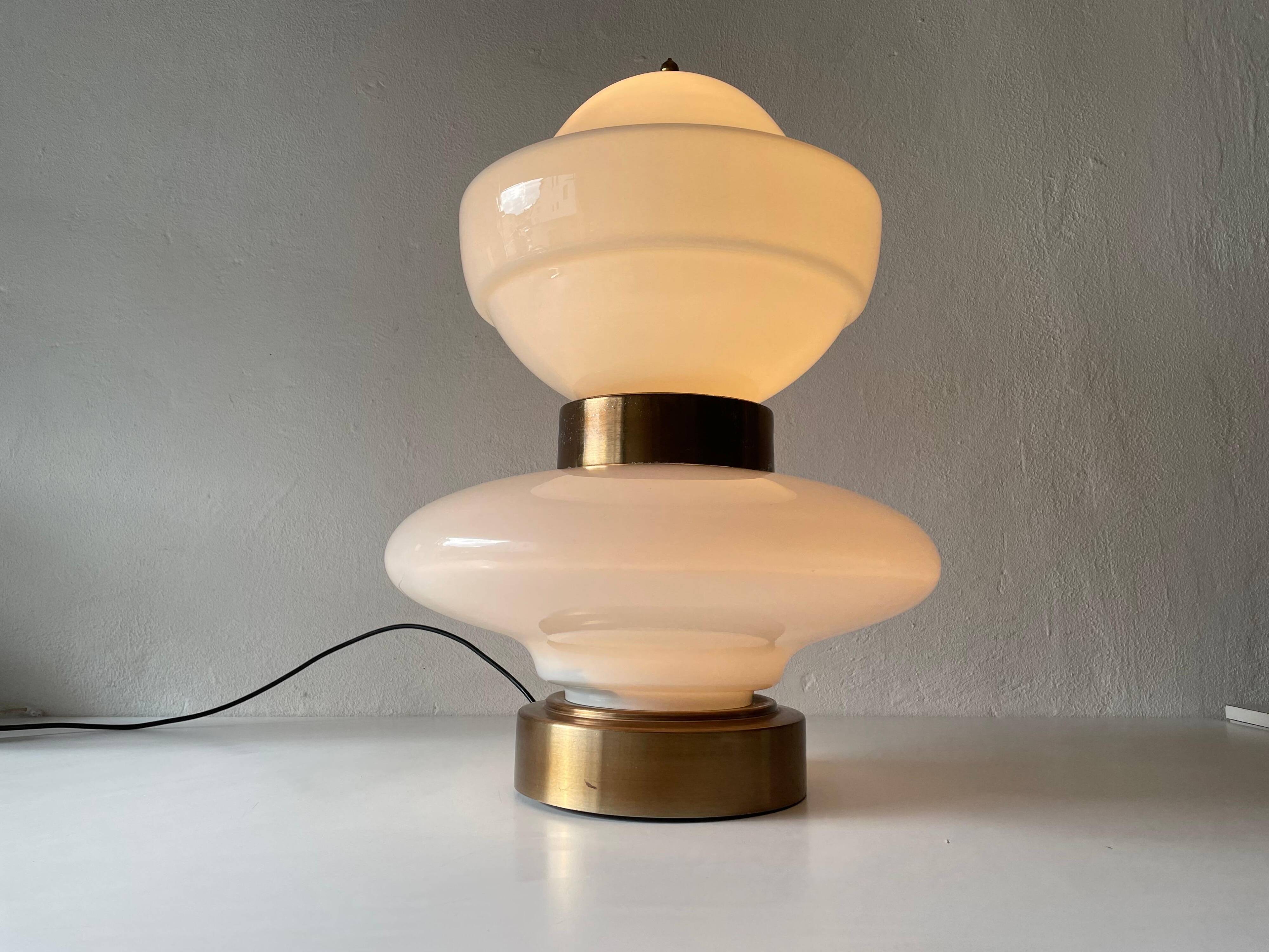 Large table lamp or floor lamp in opal glass and brass body, 1960s, Italy.