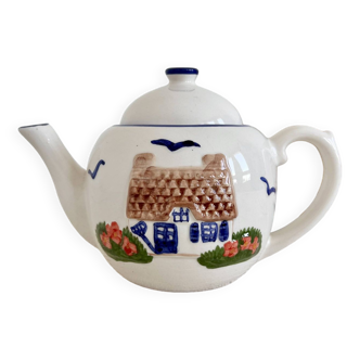 Vintage multi-colored slip porcelain teapot with cottage pattern