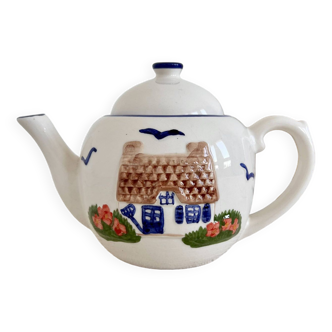 Théière vintage porcelaine barbotine multicolore motif cottage