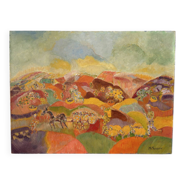 Naive painting: shepherd with sheep, oil on canvas signed