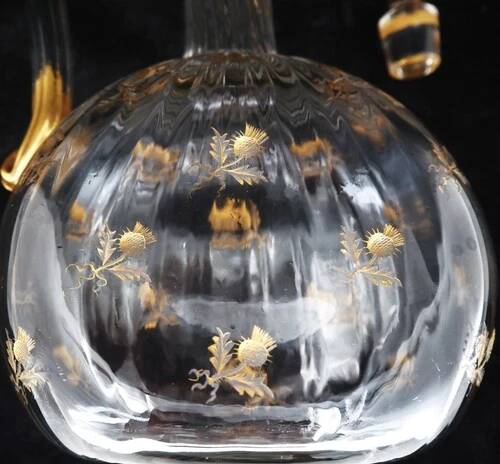 Daum Nancy, thistle carafe, engraved, gilded, crystal, very good condition.