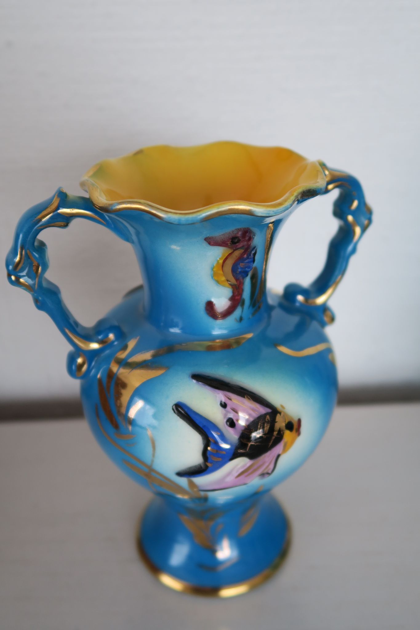 Vase ceroc monaco vintage 1960 blue and gold seahorse fish