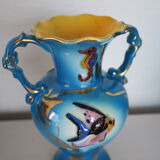 Vase ceroc monaco vintage 1960 blue and gold seahorse fish