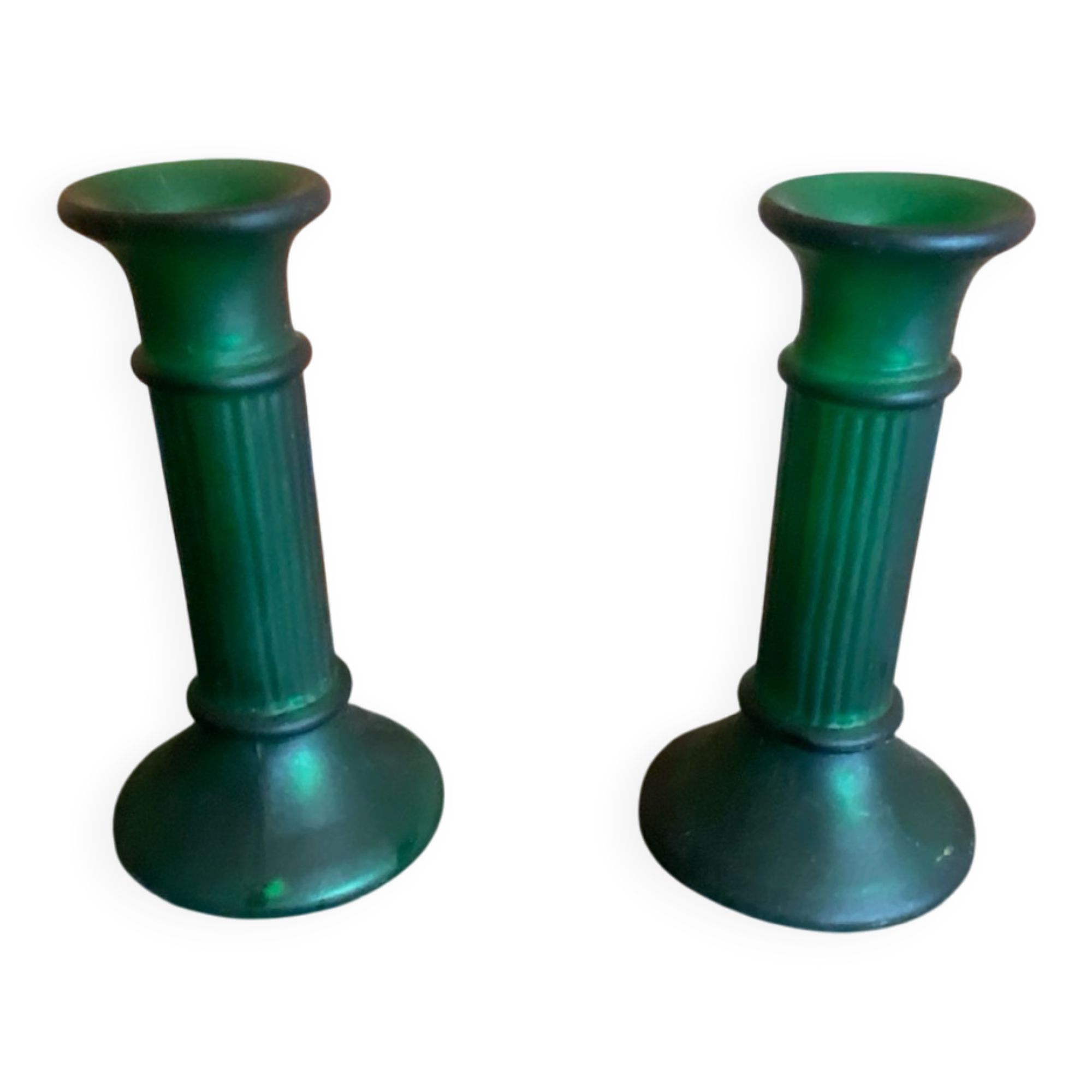 Pair of Antique Green Moulded Glass Candle Holders Column Shape Vintage #D813