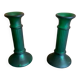 Pair of Antique Green Moulded Glass Candle Holders Column Shape Vintage #D813