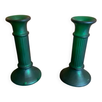 Pair of Antique Green Moulded Glass Candle Holders Column Shape Vintage #D813