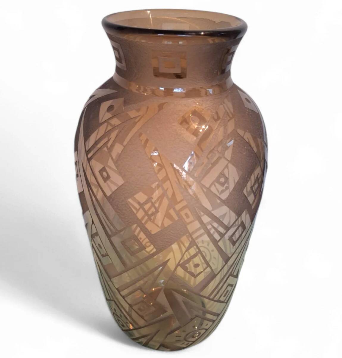 Art Deco vase in acid-etched smoked geometric glass by Daum Nancy France