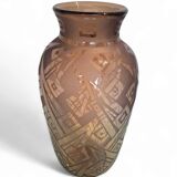 Art Deco vase in acid-etched smoked geometric glass by Daum Nancy France