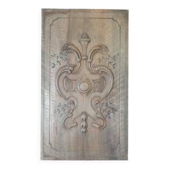 Grand fronton, panneau ancien en bois de noyer sculpté, élément mural