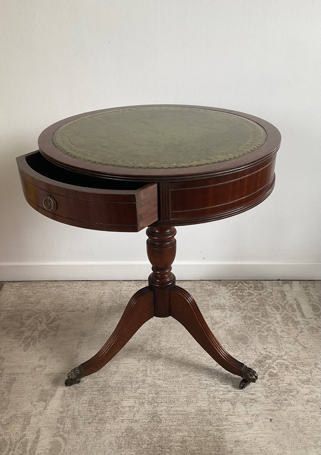 Antique Mahogany and Leather Side Table on Casters