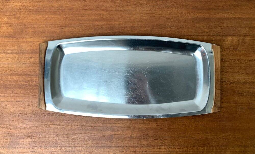 Danish stainless steel and teak plateau from the mid-century of Lundtofte, Denmark, 1960s.