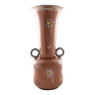 Brown Lacquered and Hand Painted Terracotta Deruta Amphora Vase, Italy