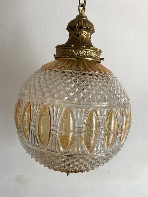 Grande suspension boule en verre pressé bicolore