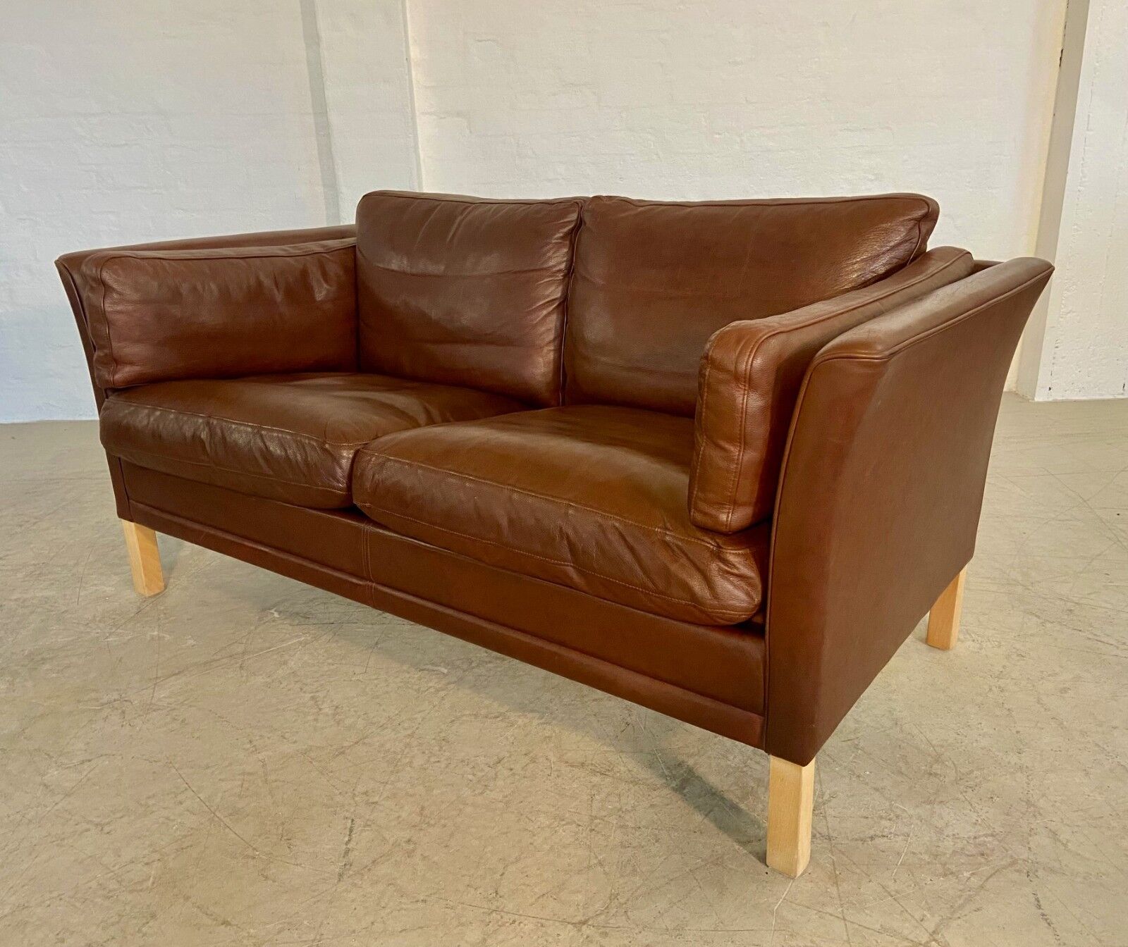 Danish mid-century vintage Mogens Hansen 2 person cognac brown leather sofa 60s