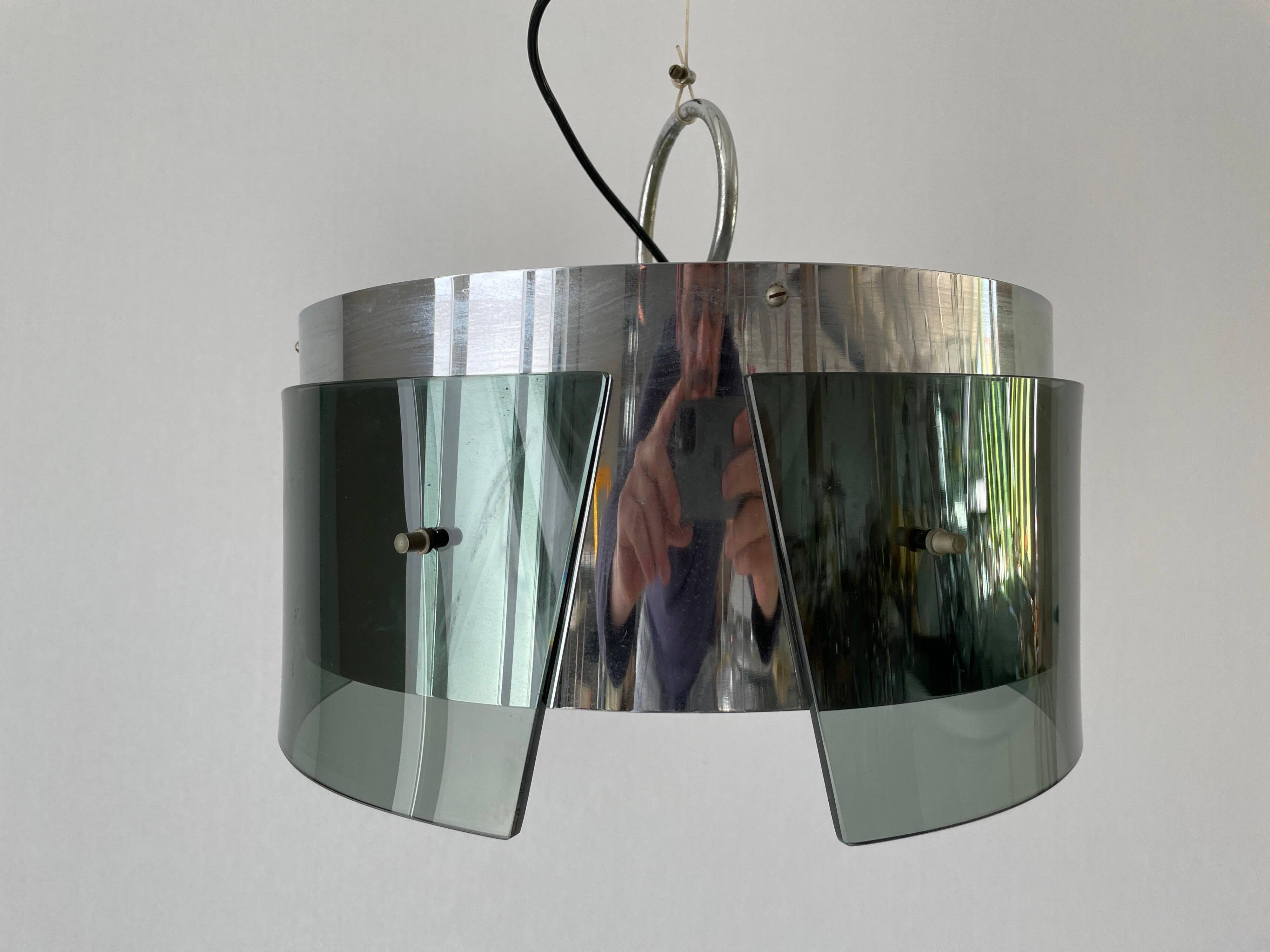 Suspended lamp in green glass and chrome, 1960s, Italy