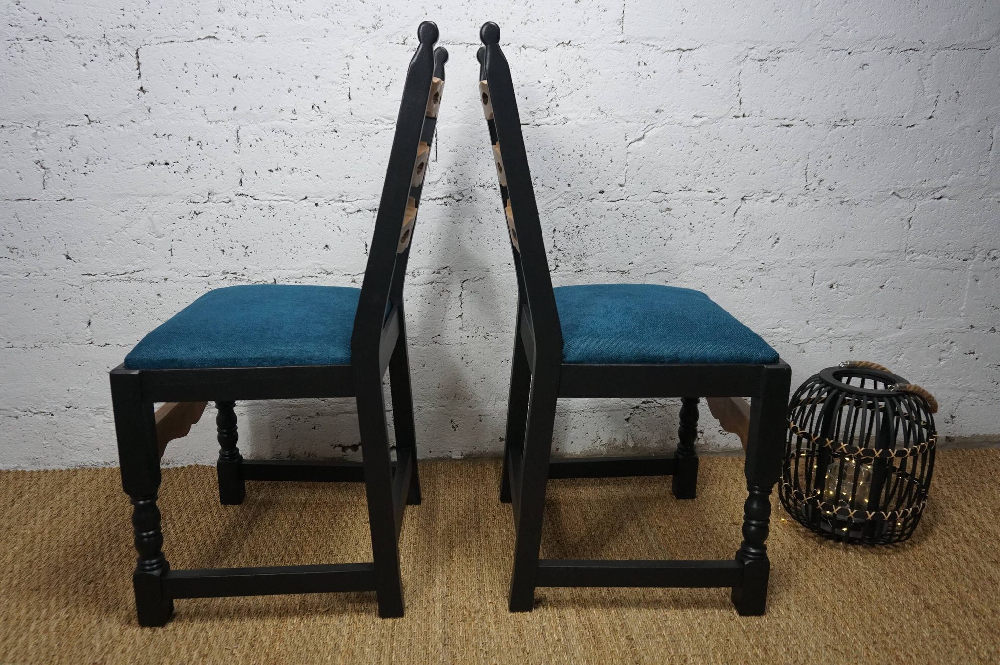 Pair of brutalist wooden chairs revamped in black, duck green fabric seat