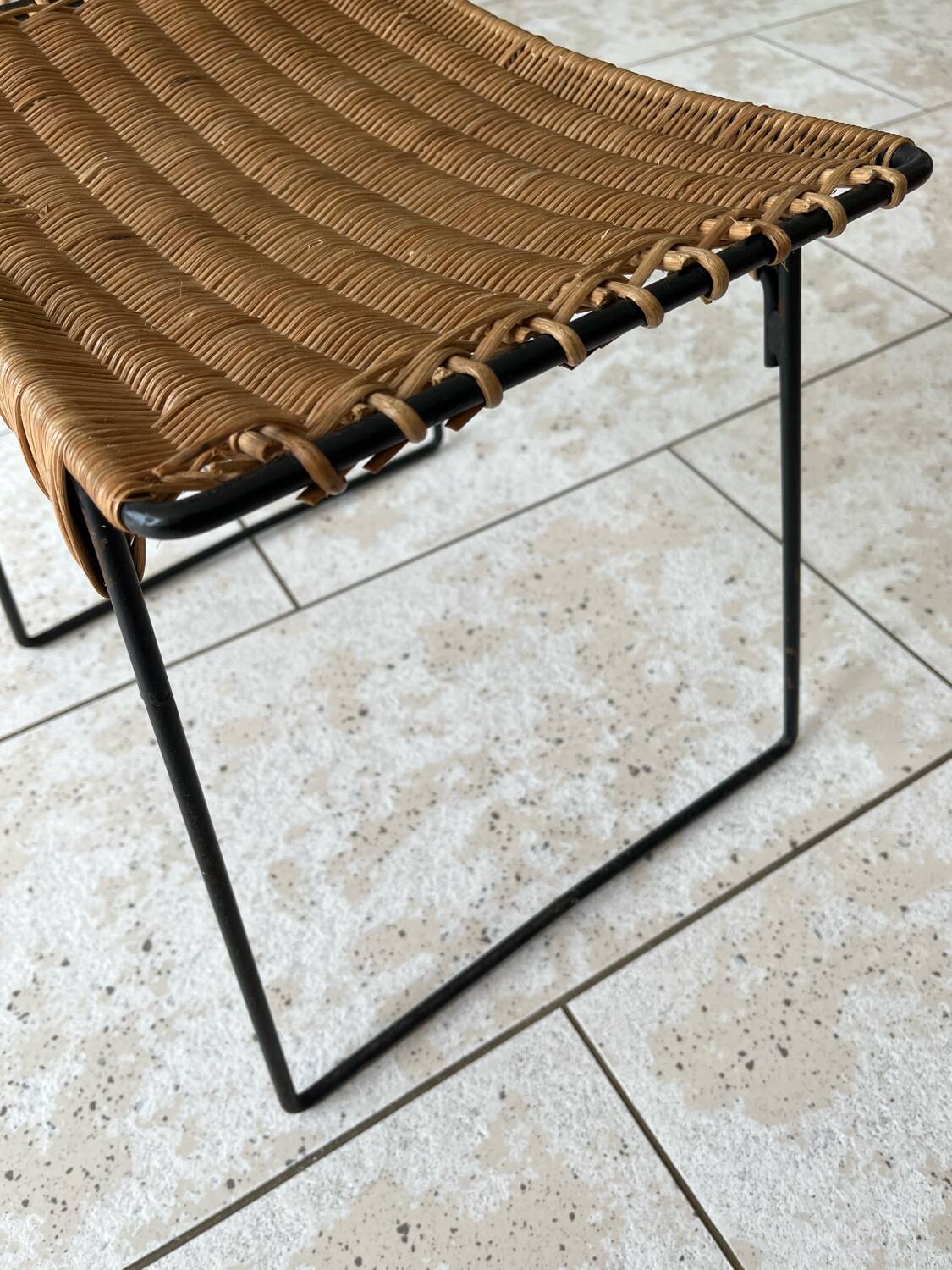 Vintage rattan and steel stool by Raoul Guys for Airborne, 1950s