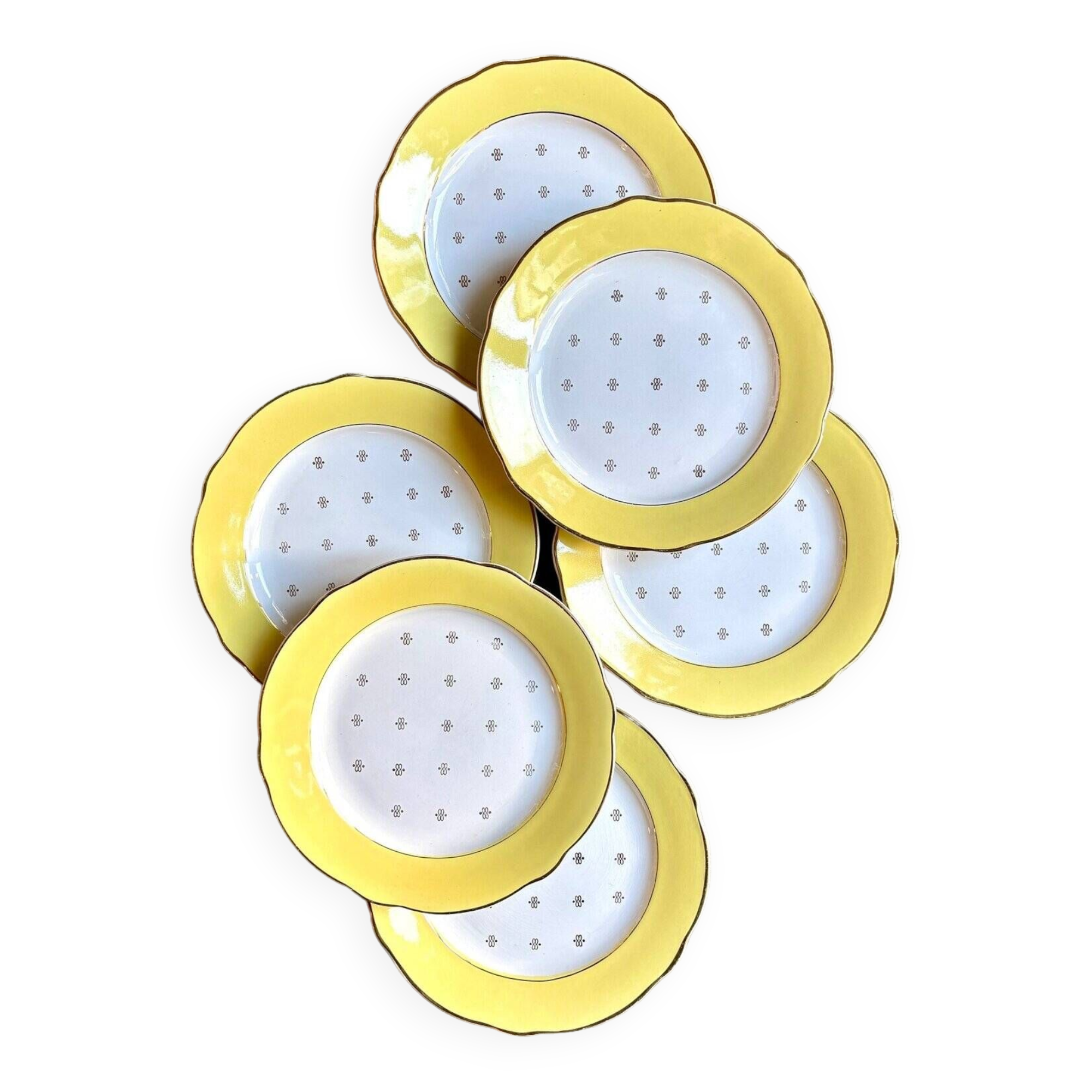 6 assiettes plates Luneville en faïence jaune et dorée, service "Josette"