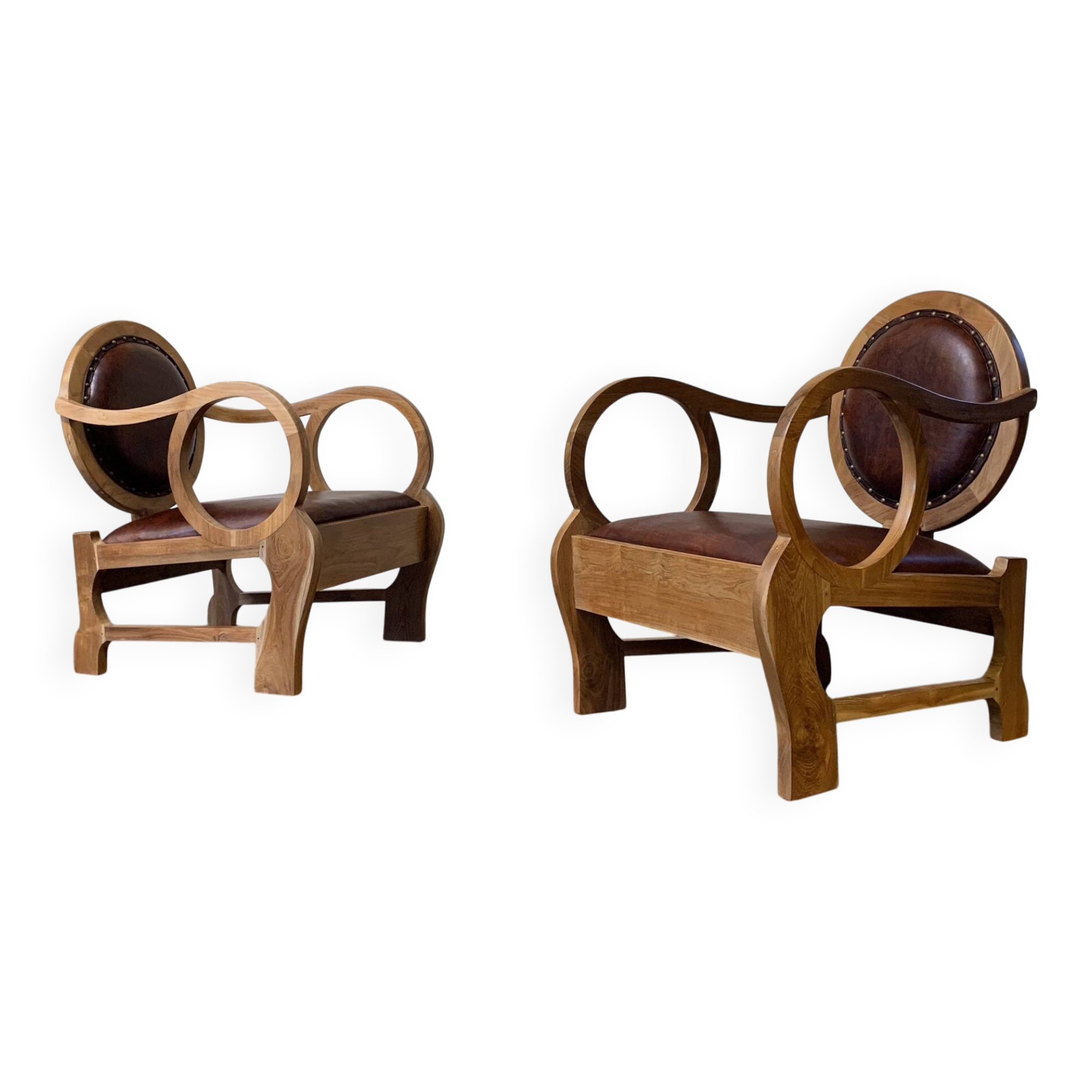 Pair of Hungarian Walnut & Leather Chairs by Lajos Kozma 1884-1948