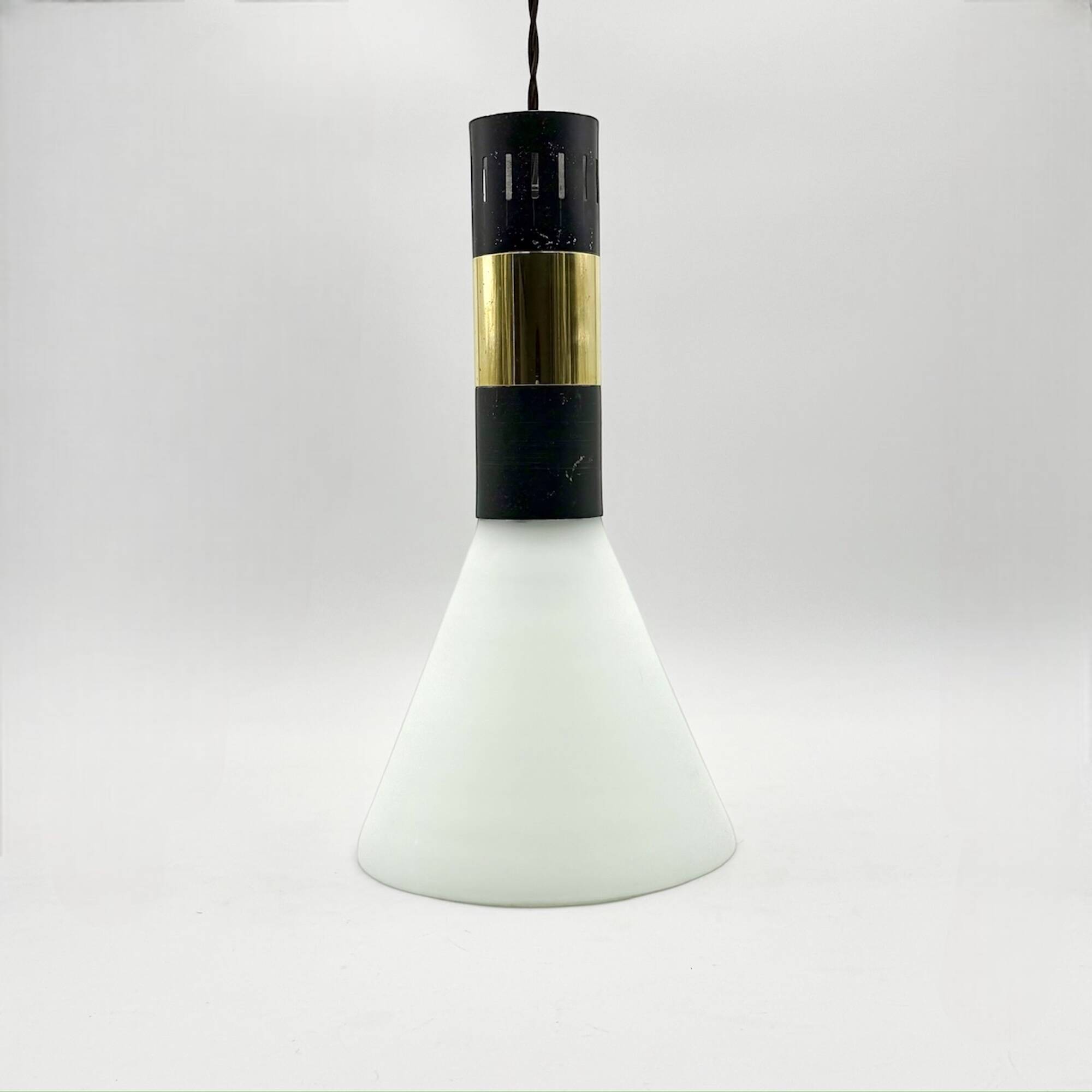 Hanging Light in Opaline Glass and Brass attributed to Stilnovo, 1950s