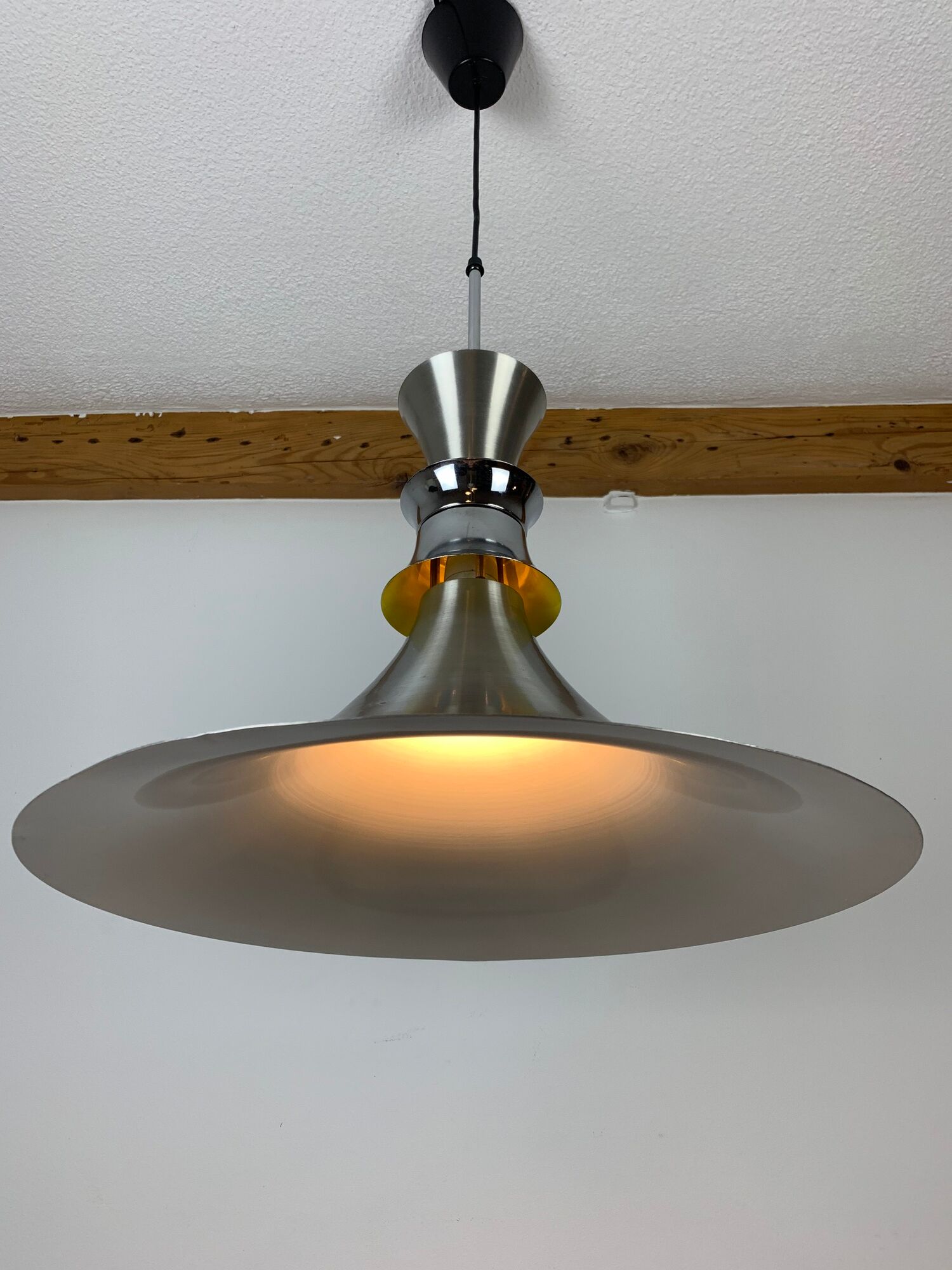 Scandinavian space age pendant lamp by Bent Nordsted for Lyskaer brushed steel 70s